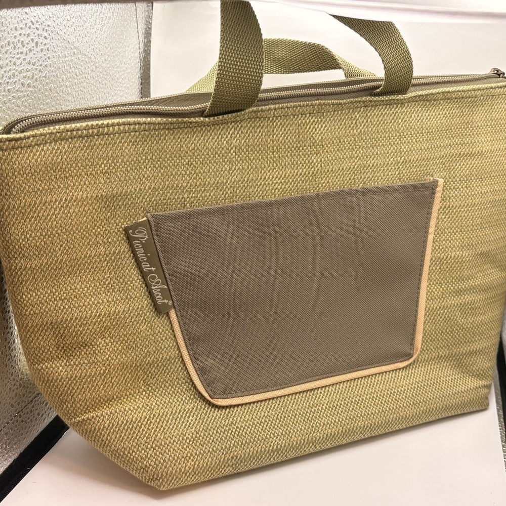 Picnic at Ascot Beige Gray Fabric Canvas Picnic Bag with Zipper Closure